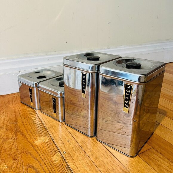 Vintage MCM Lincoln Beautyware Metal Kitchen Canister Set Four Piece - Picture 10 of 16